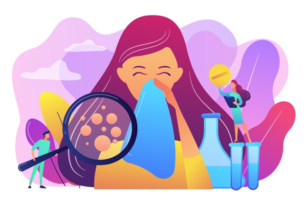 paciente do sexo feminino espirrando tomando um comprimido do medico e alergeno sob a lupa doencas alergicas reacao alergica conceito de terapia anti histaminicos ilustracao isolada v