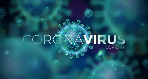 covid projeto de surto de coronavirus com celula de virus em vista microscopica sobre fundo azul modelo de ilustracao no tema epidemico de sars perigoso para banner ou panfleto pro