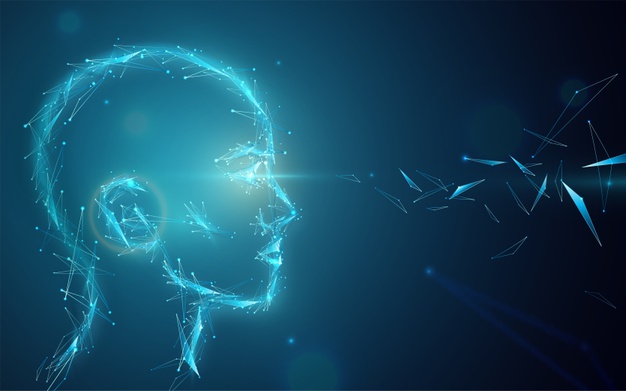 fundo do conceito de ai cabeca humana artificial abstrata com luz de olhos ilustracao digital da visao do futuro