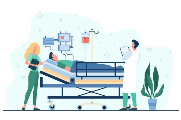 medico e enfermeira prestando cuidados medicos ao paciente na cama isolada ilustracao plana