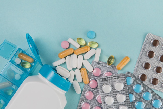 vista superior variedade de medicamentos e comprimidos