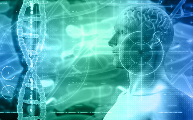 fundo medico d com figura masculina com cerebro e dna strands