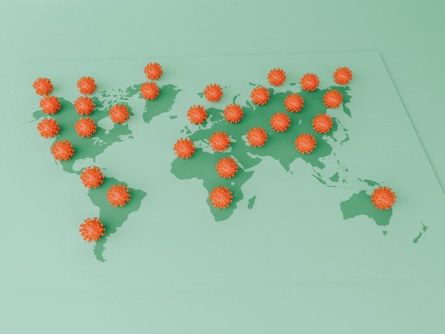 ilustracao d celulas covid em um mapa mundial surto pandemico de coronavirus conceito covid