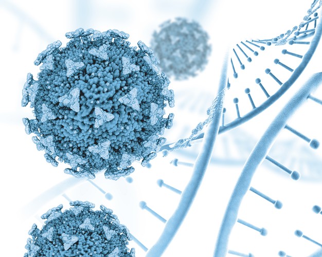 renderizacao d de um medico com filamentos de dna e celulas covid
