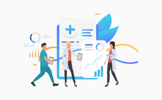 trabalhadores medicos analisando registro eletronico