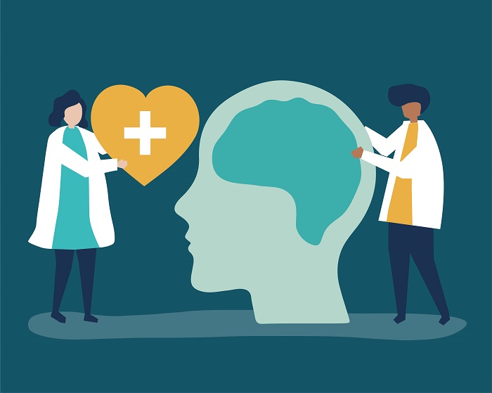 Neuroscientists with a giant chart of human brain and a heart icon
