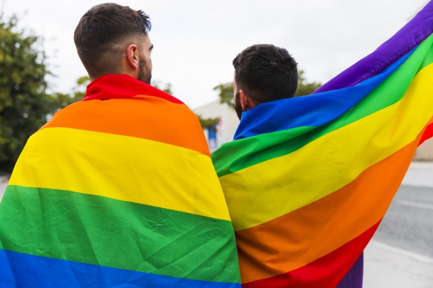 casal gay envolto em bandeiras lgbt em pe atras