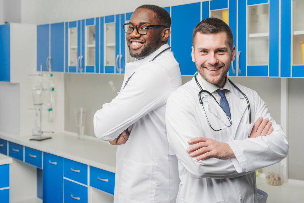 cheerful confident multiracial medics