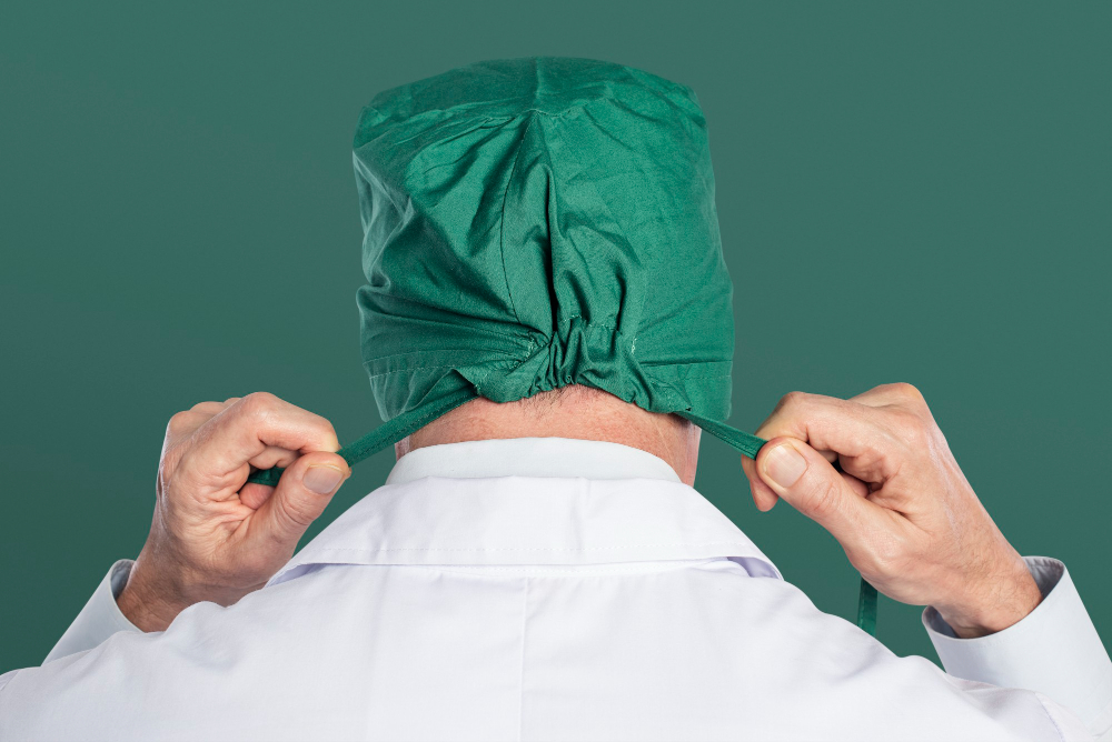 male surgeon wearing a green surgical cap