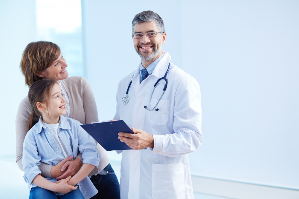happy doctor holding a clipboard with patients
