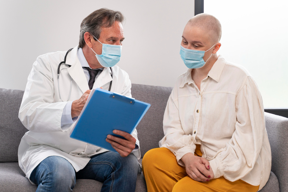 young woman suffering of breast cancer talking with her doctor