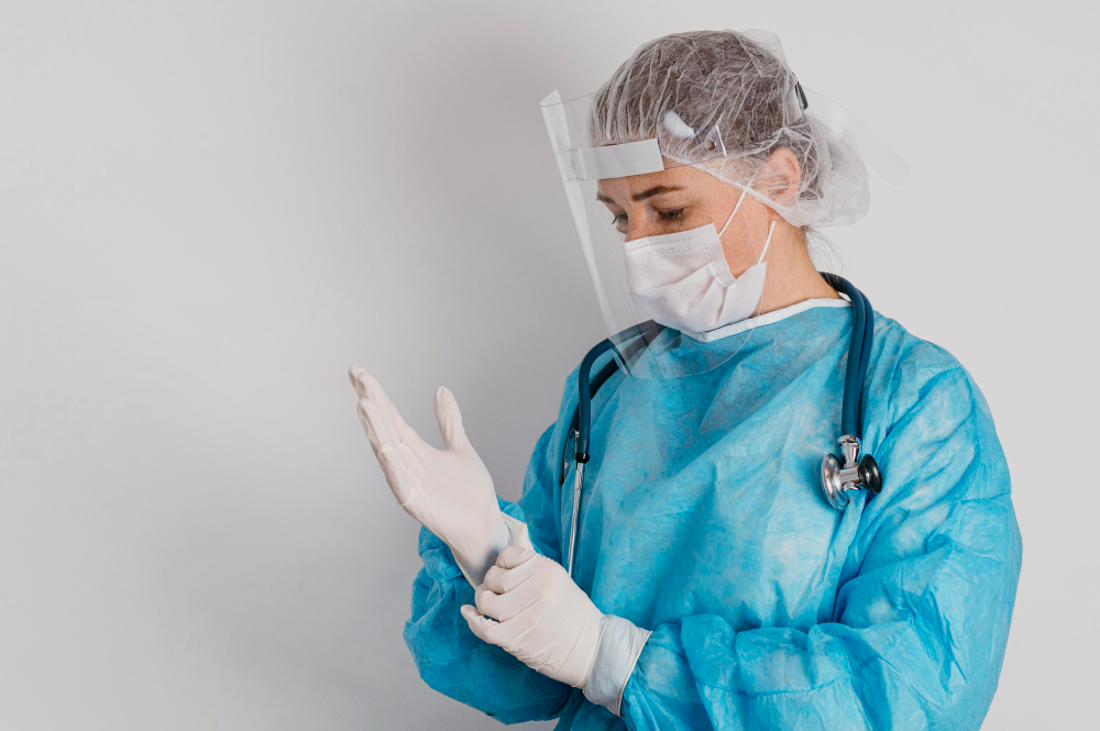 young doctor wearing surgical gloves