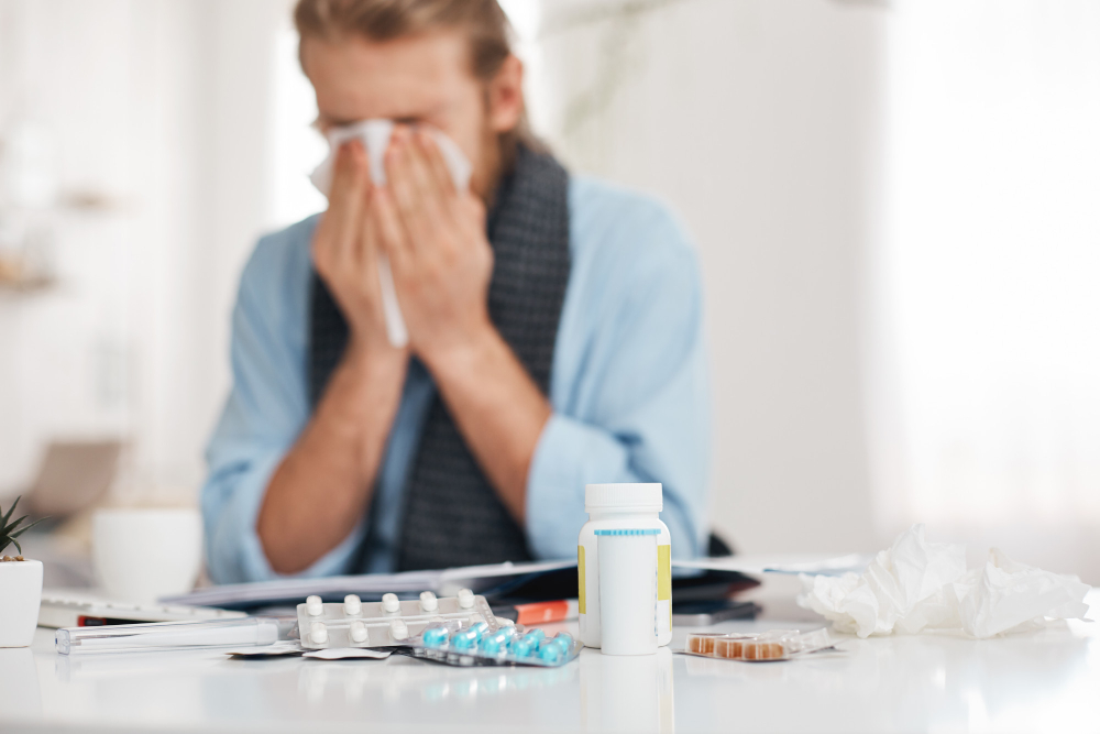 portrait of ill sick bearded male sneezes and coughs uses handkerchief rubs nose man has running nose caugh bad cold sits at work place surrounded by pills drugs and vitamins