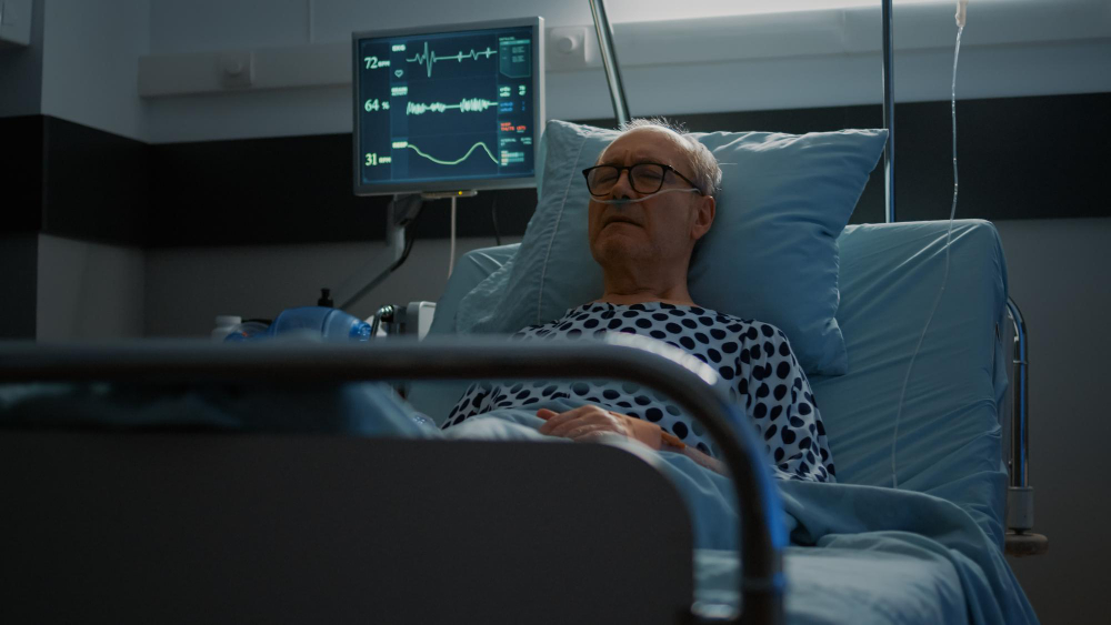 sick elderly man with health problems staying in hospital ward bed prepared for medical treatment patient with nasal oxygen tube and oximeter waiting to cure heavy illness disease
