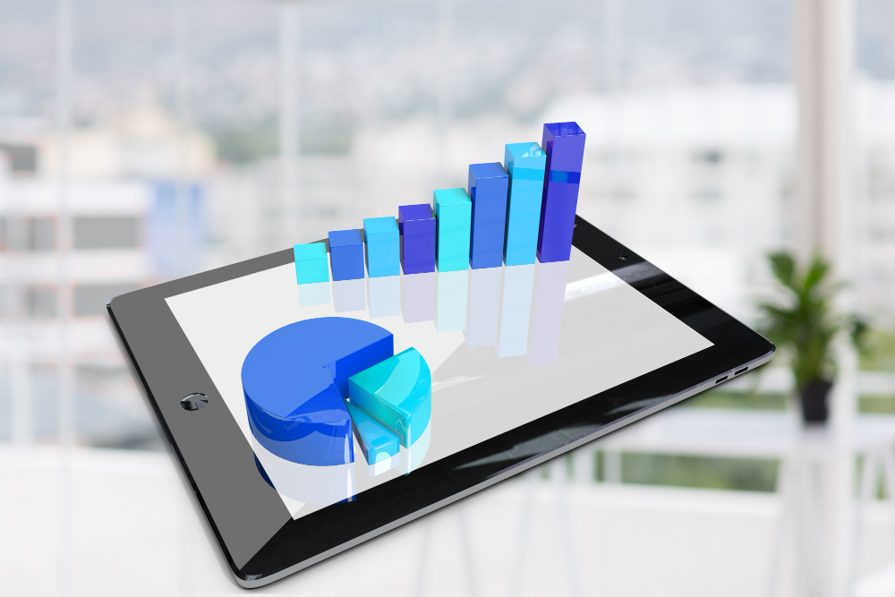 tablet with graphics in blue tones