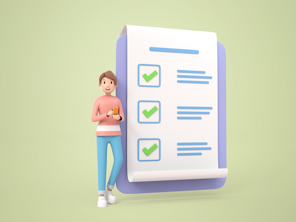 D illustration young man checking list to do rendering