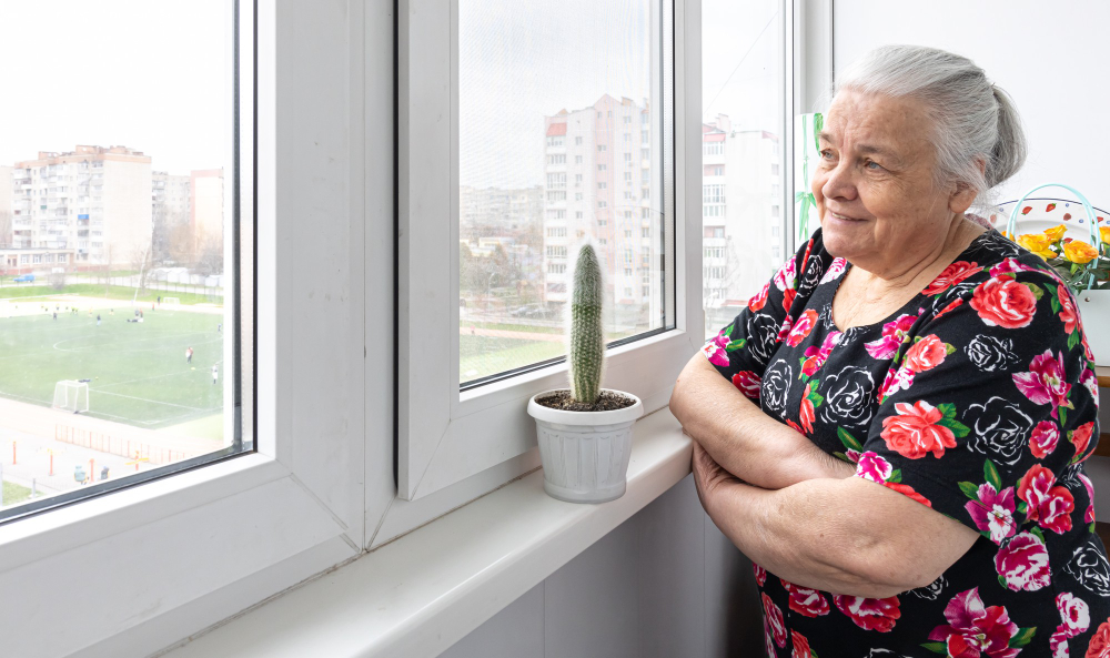 an elderly woman stands at the window and looks into the distance
