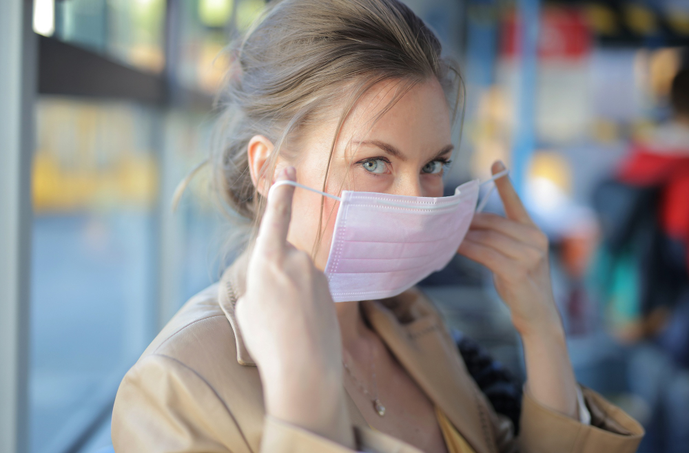 attractive female wearing a face mask indoor