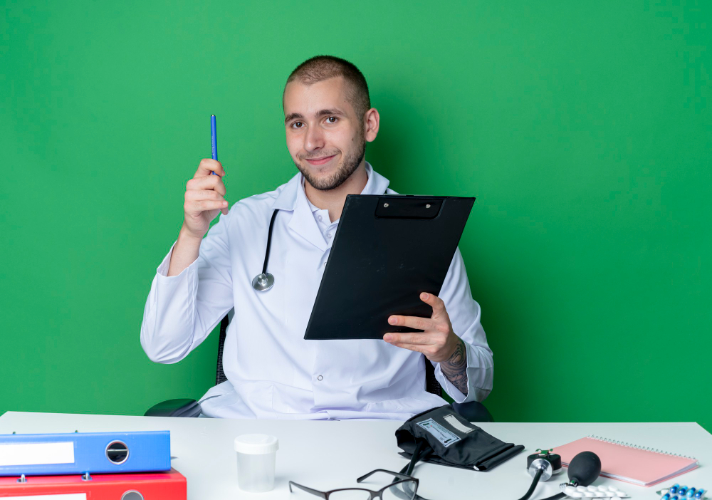 pleased young male doctor wearing medical robe and stethoscope sitting at desk with work tools holding clipboard and pen isolated on green wall