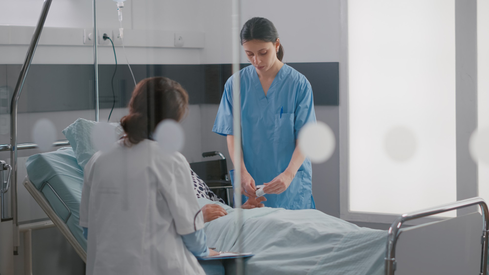 specialist doctor in medical uniform checking sick man writing disease expertise