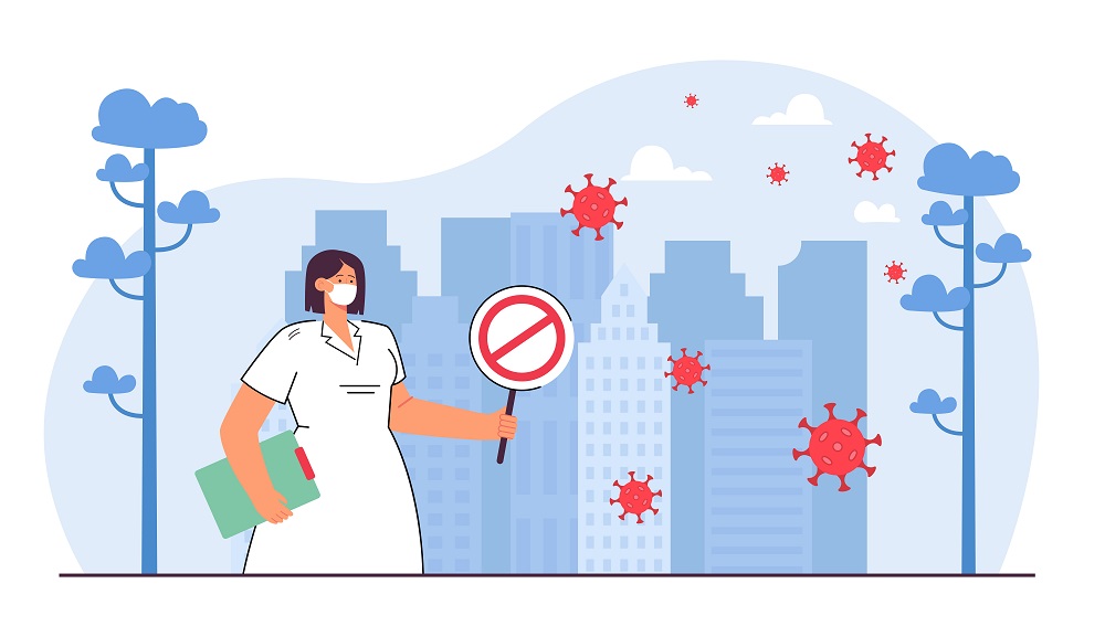 Cartoon nurse in mask holding stop sign