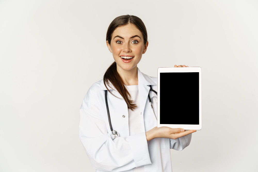 image of woman doctor female healthcare worker showing online medical website digital tablet screen