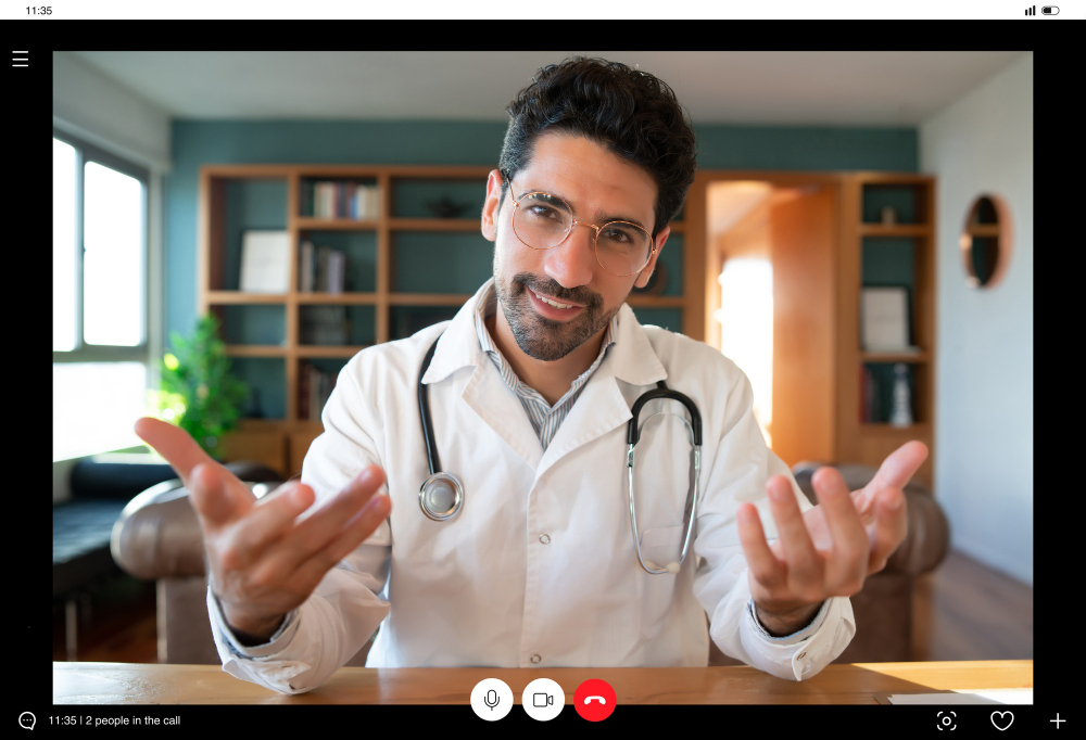 portrait of a doctor on a video call for a virtual appointment with a patient