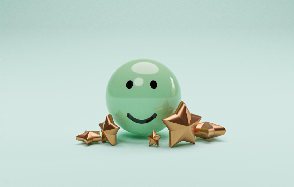 smile face on green ball with golden five stars for customer or client survey and satisfaction after use product and service concept by d render