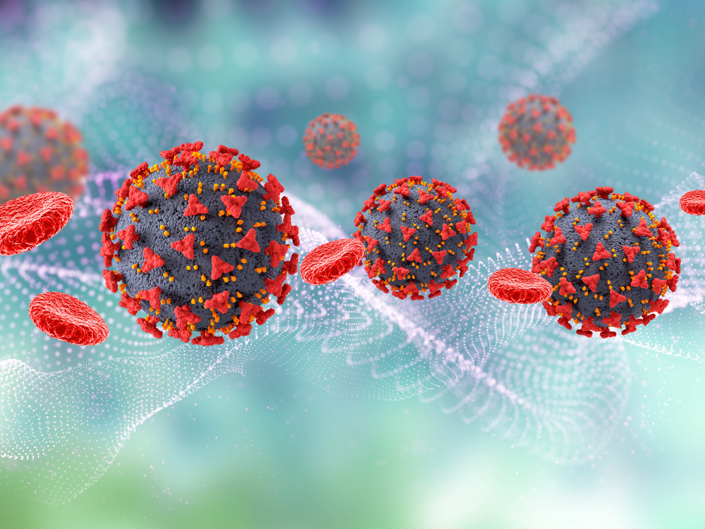 d render of a medical background with covid virus cells and blood cells