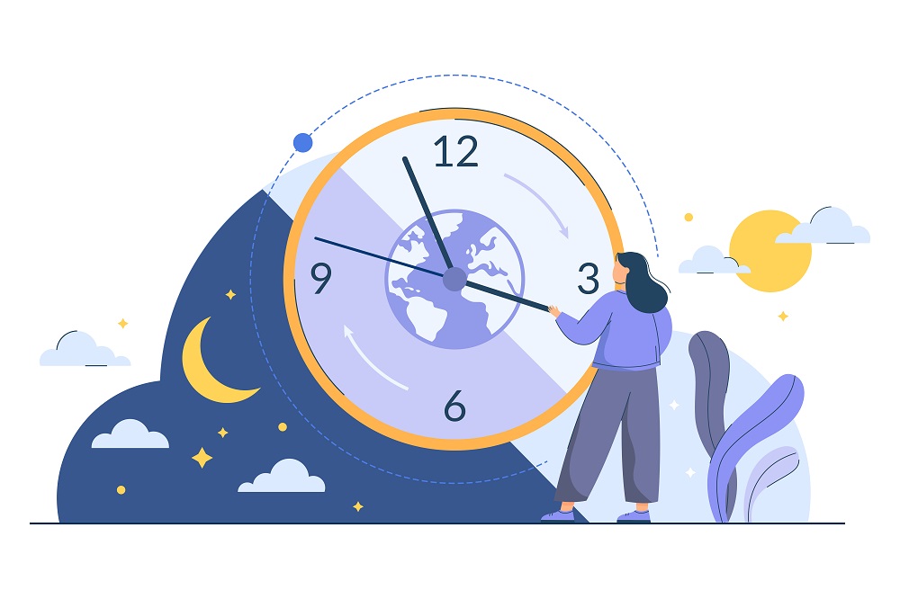 Tiny woman near clock with changing circadian rhythm