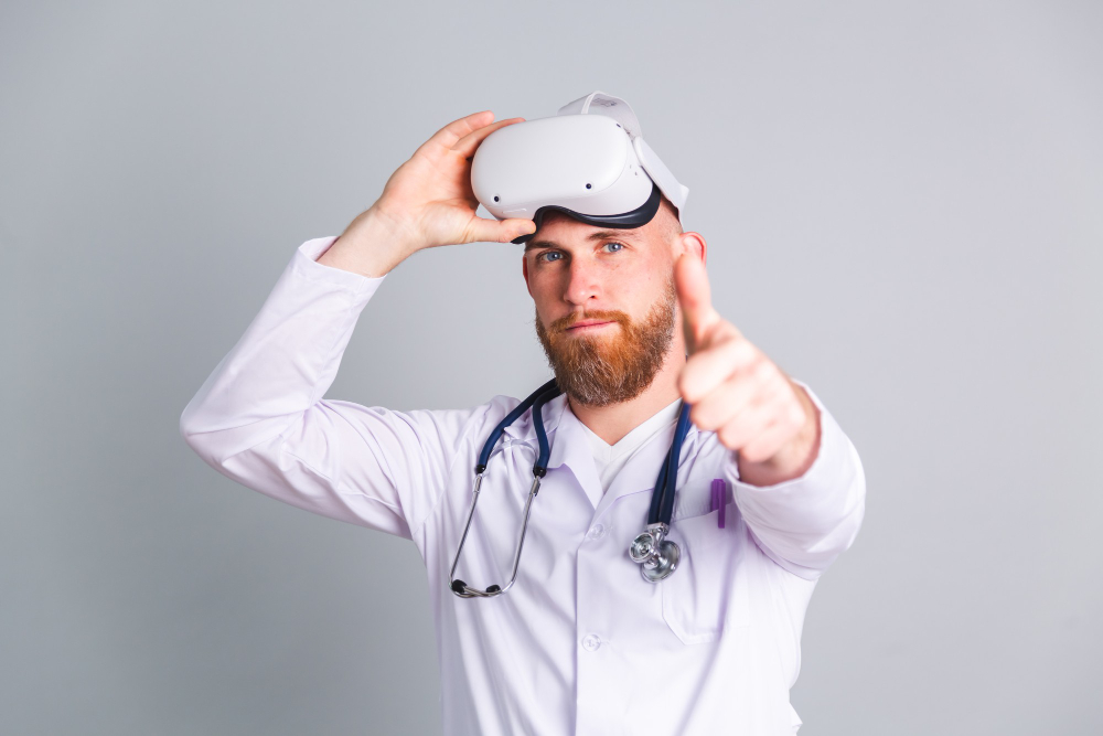 handsome male doctor on gray wall in virtual reality glasses