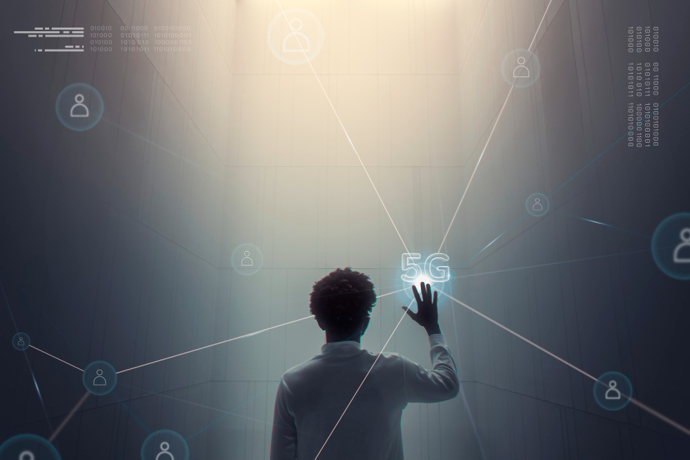 g connection technology background with man using futuristic virtual screen digital remix