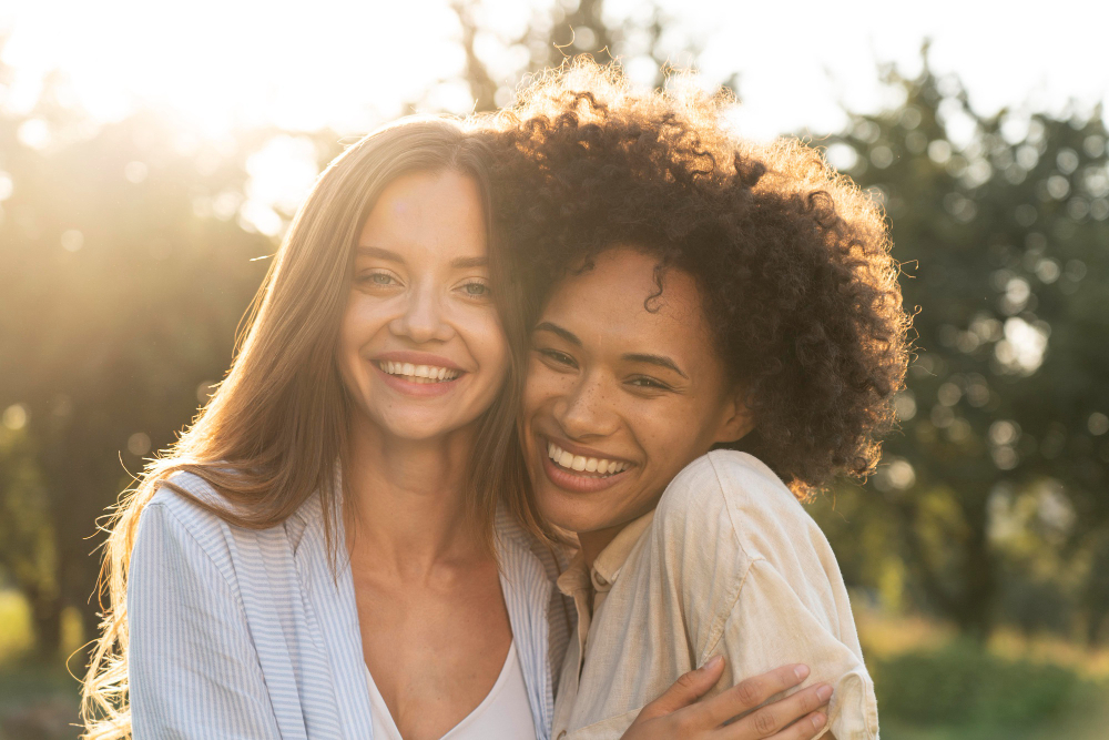 female friends smiling and hugging each other