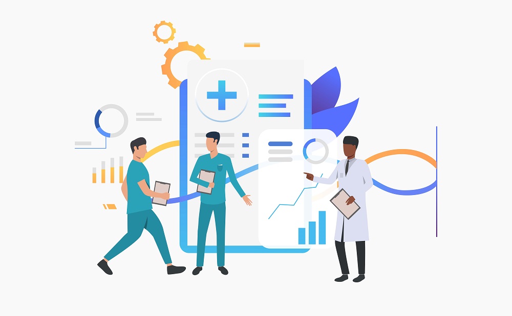 Doctor and technicians discussing medical record vector