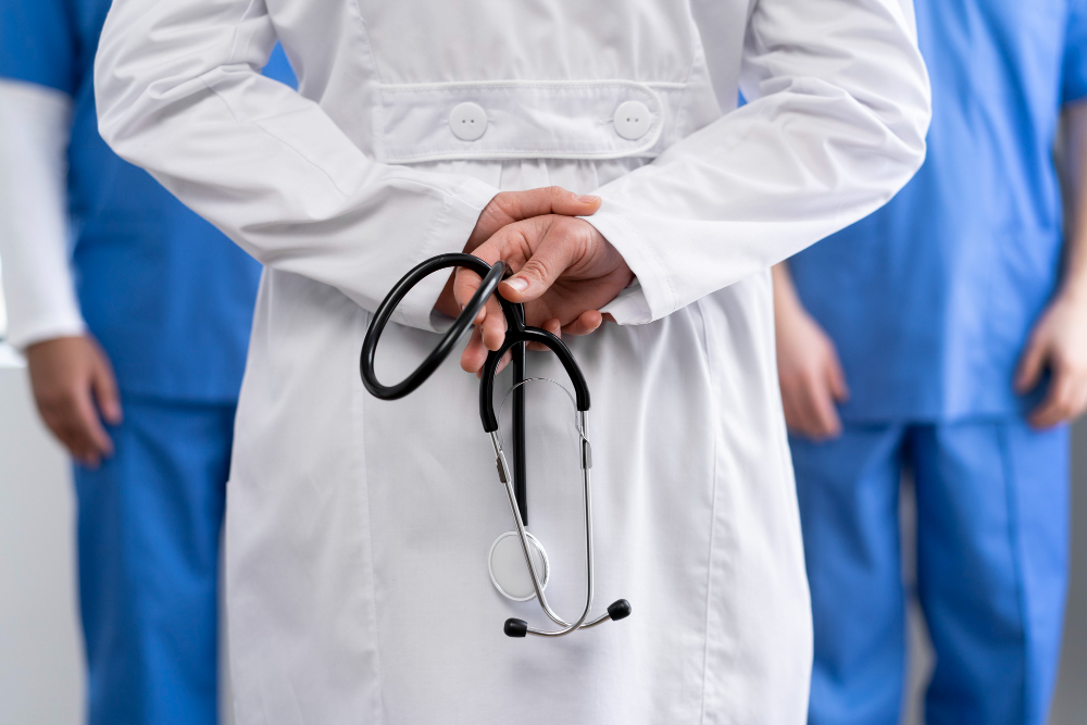 back view doctor holding stethoscope