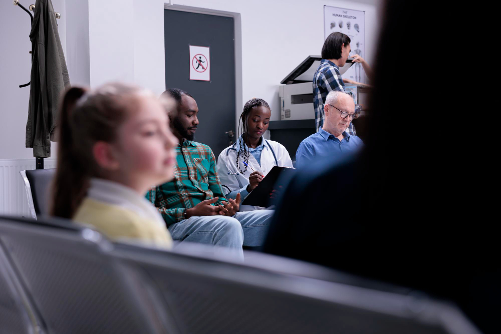 diverse people waiting in private clinic while hospital medic is asking medical questions in waiting room selective focus on african american doctor with stethoscope completing form for patients