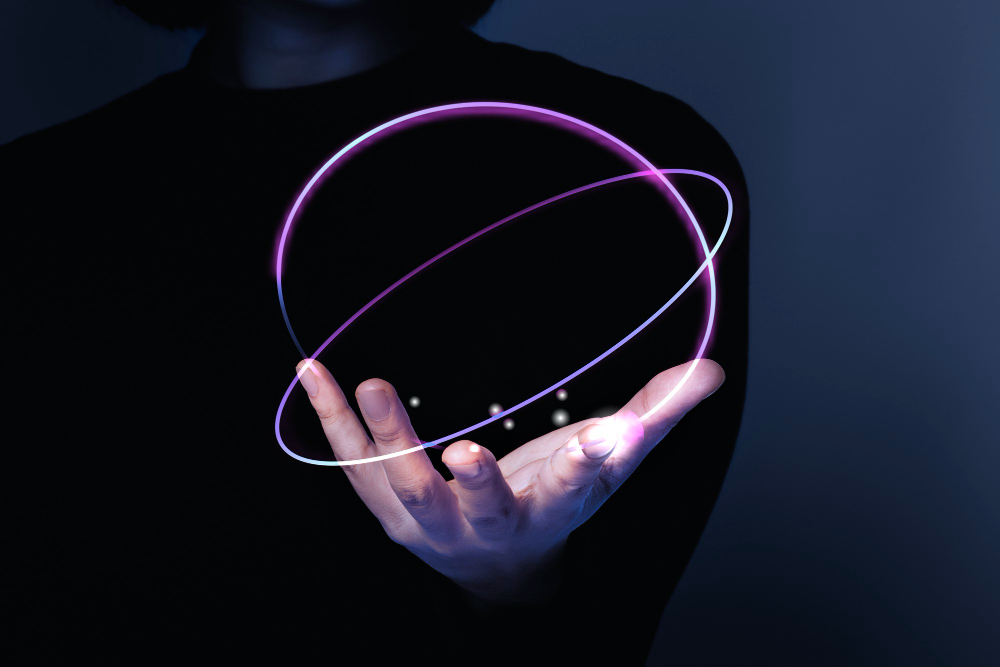 woman s hand presenting futuristic technology digital remix