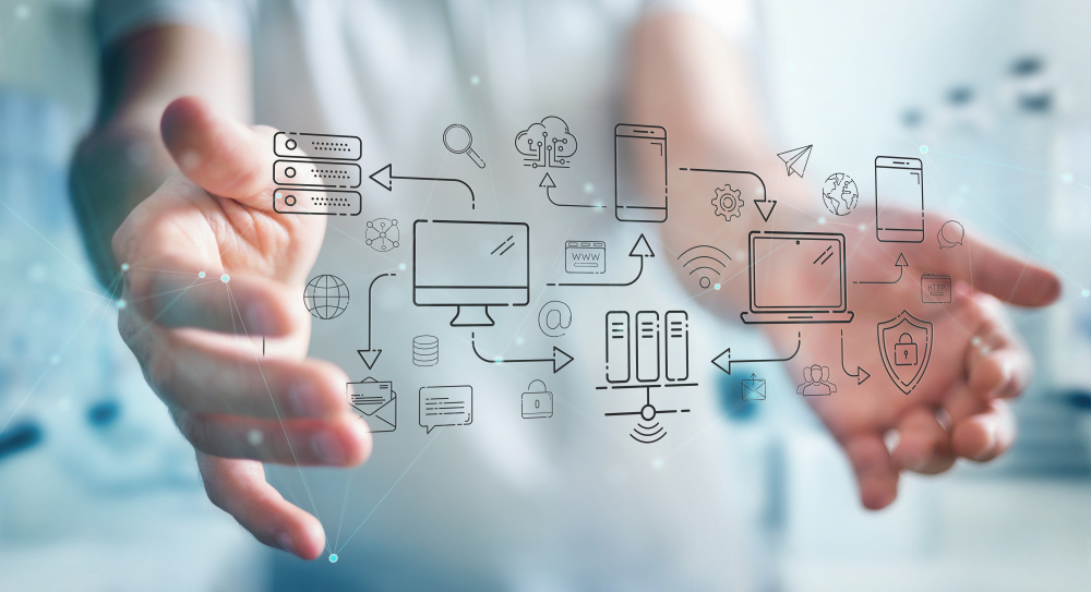 businessman using tech devices and icons thin line interface
