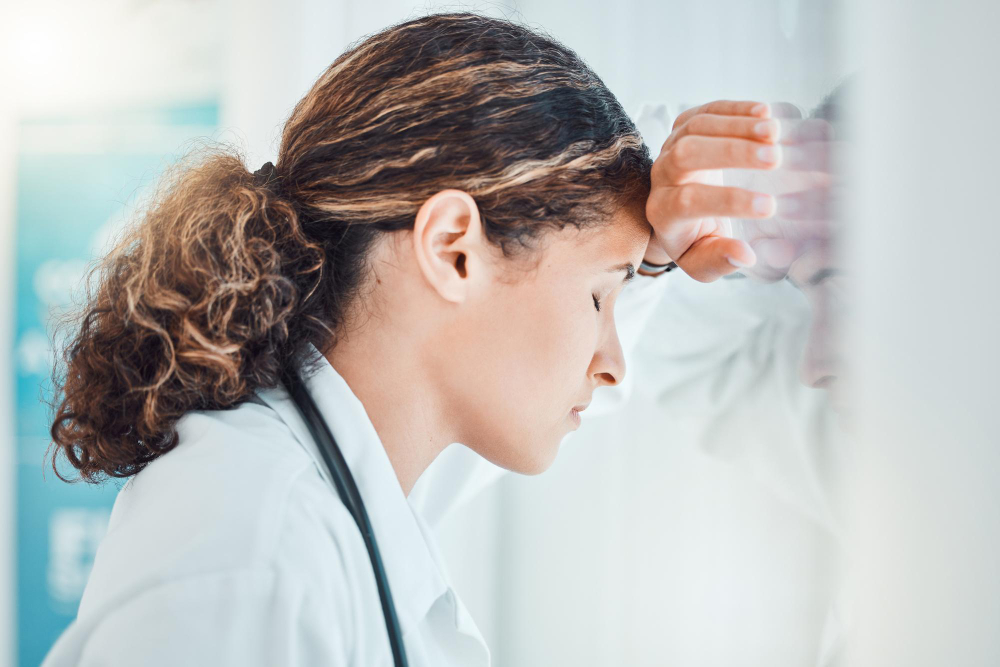 sad stress and burnout with doctor against window with headache from healthcare medical or nurse mental health depression and anxiety with woman working in hospital while tired fear and fail