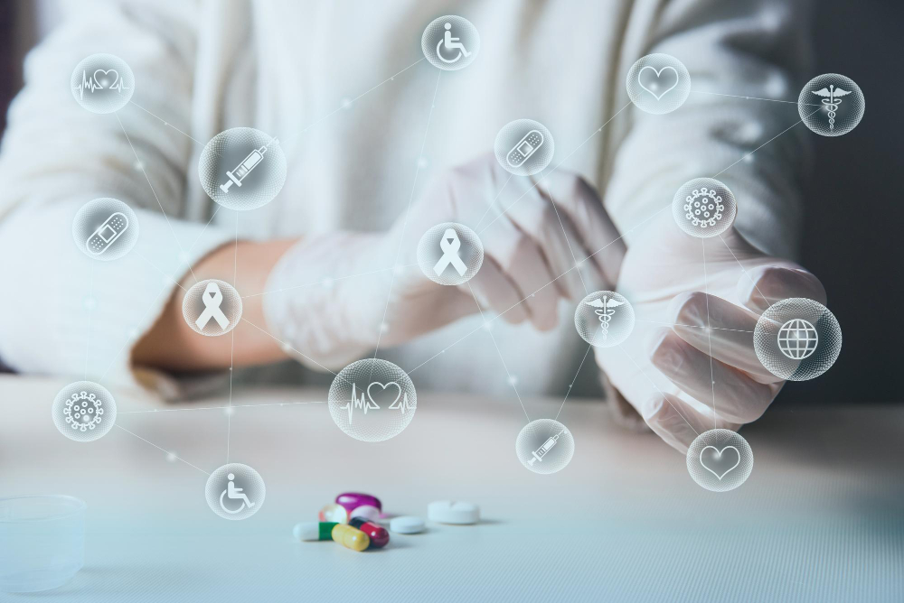 gloved hands ordering pills syrup improve health dna medicinal icons network