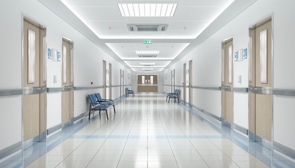 long hospital corridor with empty seats