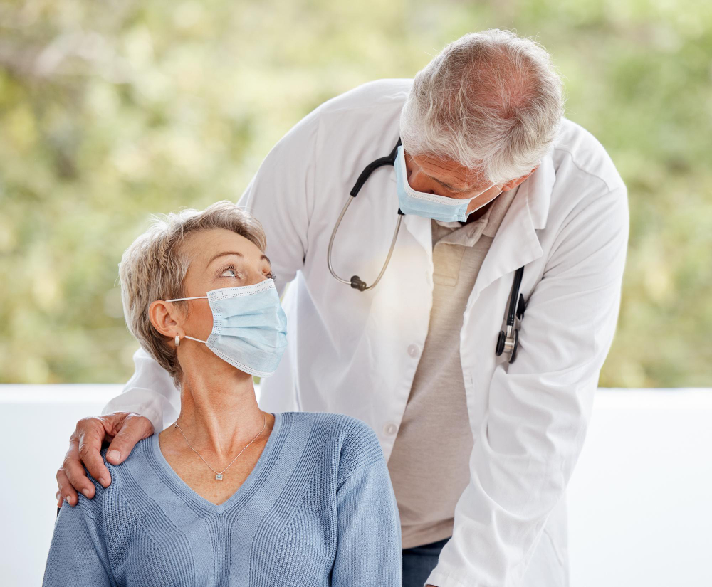 covid mask elderly doctor woman patient medical consultation hospital office healthcare nurse senior wellness consulting employee with support care health insurance