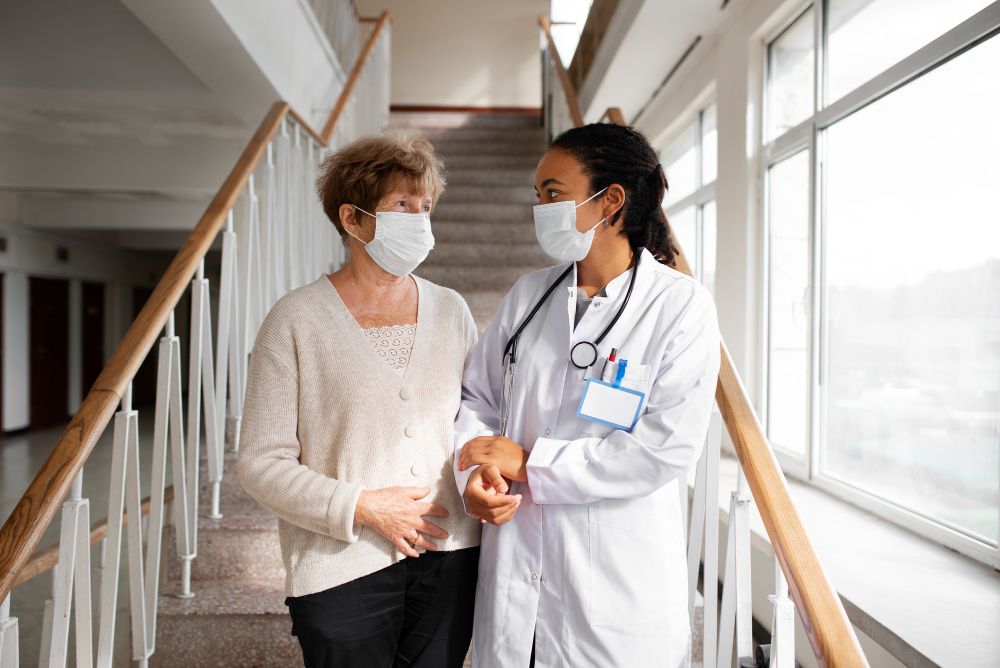 patient doctor walking together medium shot