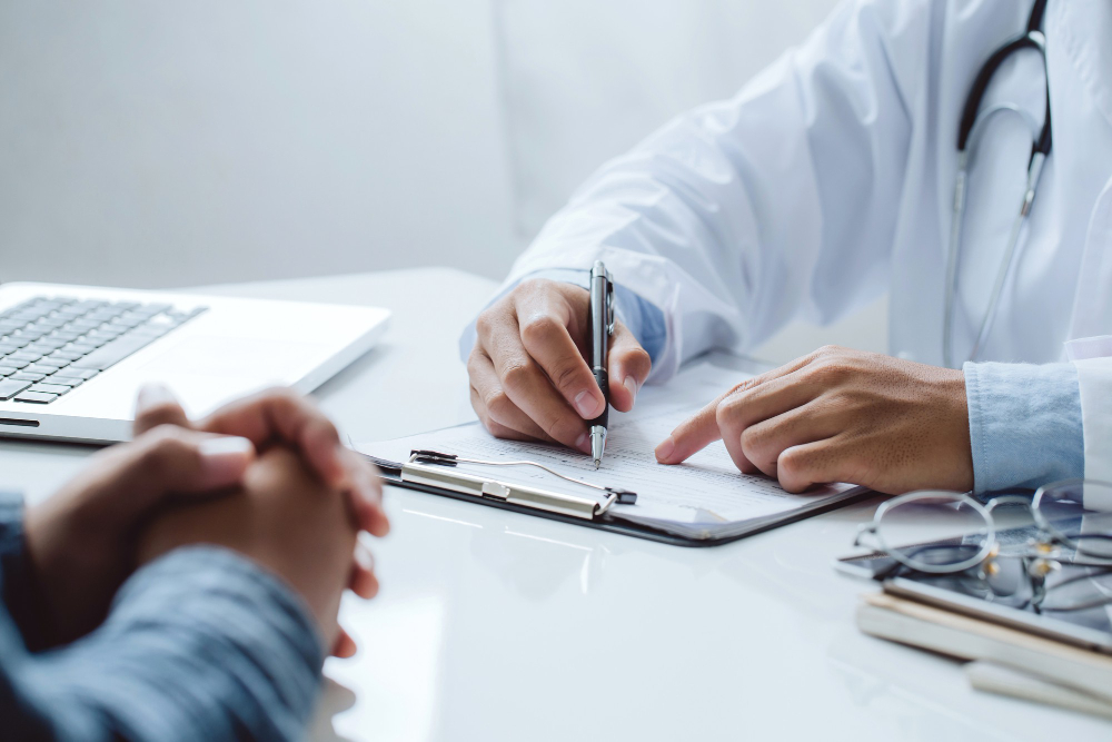 doctor patient are discussing consultation about symptom problem diagnosis disease treatment method medicine health care concept