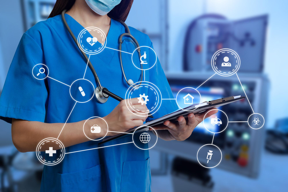 medicine doctor touching electronic medical record tablet digital healthcare network connection hologram modern virtual iconxa