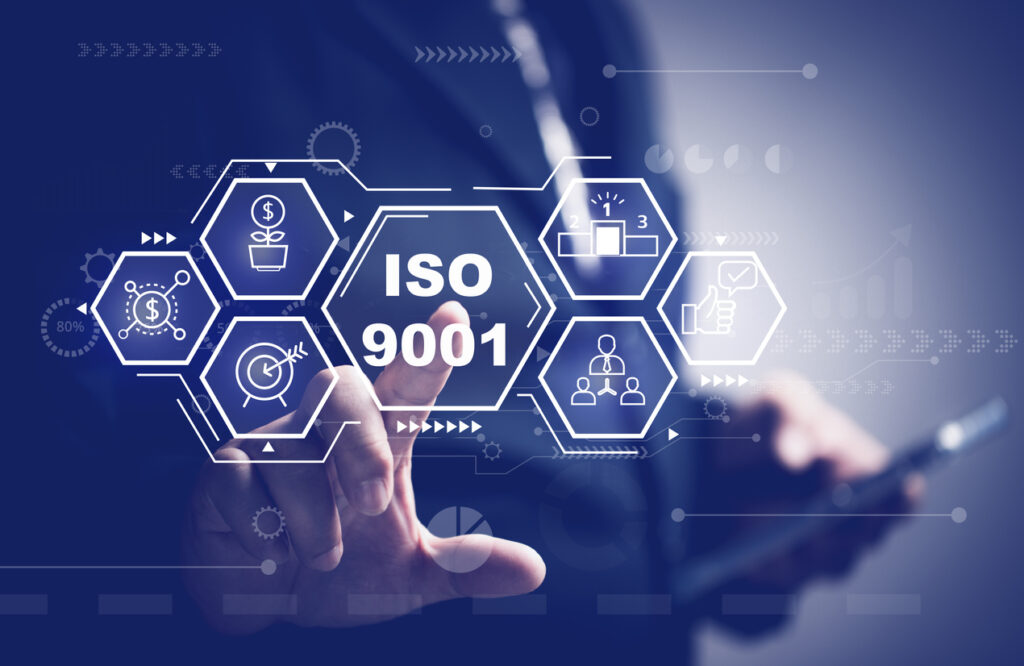 concepts about iso Businessman pressing on virtual screen about quality management system Customer Focus, Involvement of People, Process Approach, System Approach QMS
