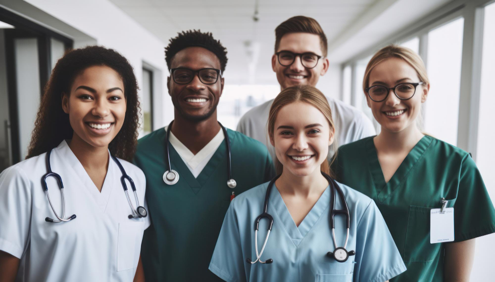 portrait medical team standing hospital corridor