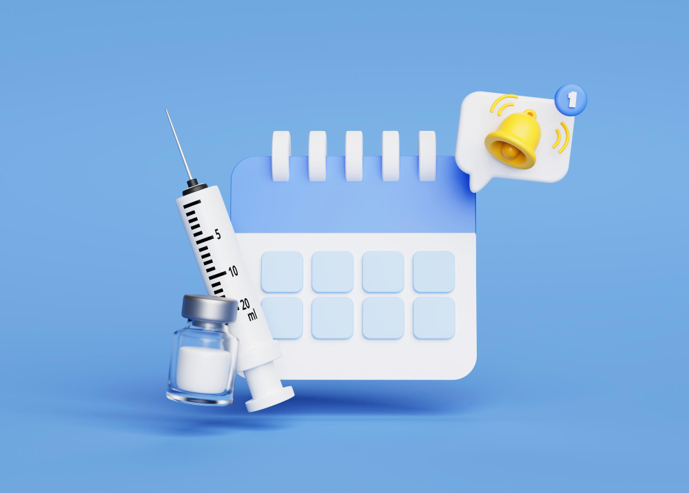 vaccination appointment calendar syringe icon sign symbol blue background d illustration cartoon healthcare medical concept