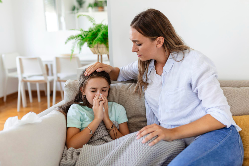 young woman checking temperature with hand little ill daughter mother checking temperature her sick girl sick child lying bed blanket with woman checking fever forehead by hand