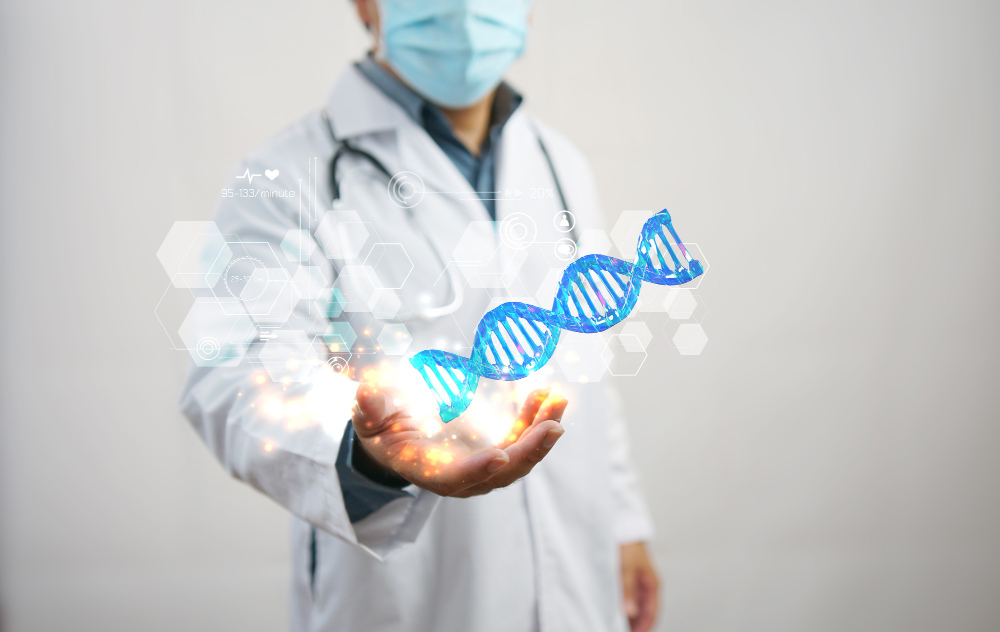 hand holding dna spiral structure medical science genetic biotechnology chemistry biology science background d illustration
